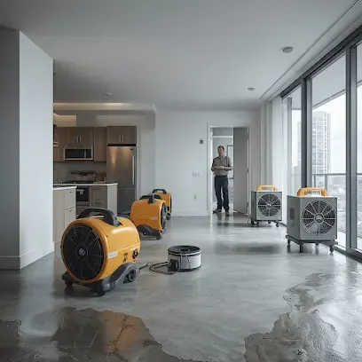 Air movers and an air scrubber drying a water-damaged apartment floor in Queens