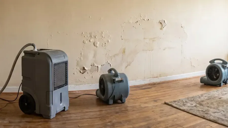 Dehumidifier and air movers drying an oak floor and a water-damaged plaster wall in an Elmhurst, NY apartment