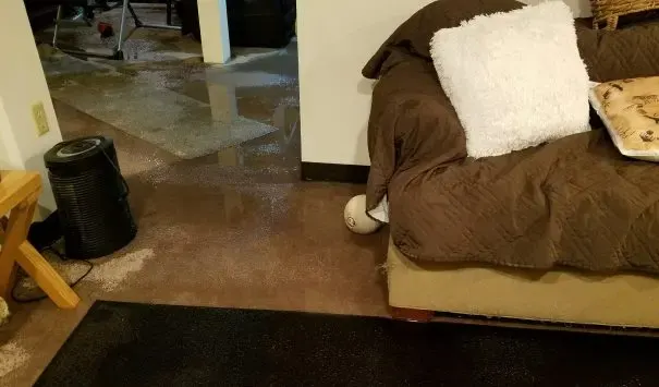 Water spreading across the carpet of a lived-in basement apartment bedroom in Queens