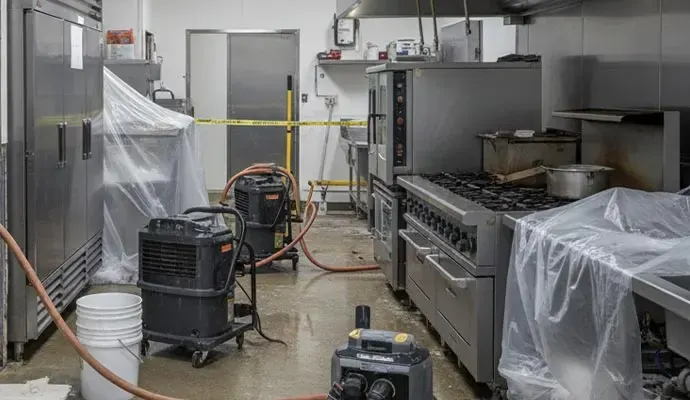 Drying equipment and plastic sheeting in a restaurant kitchen after water damage in Elmhurst